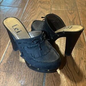 LEI Black Platform Mules with Fringe Detail